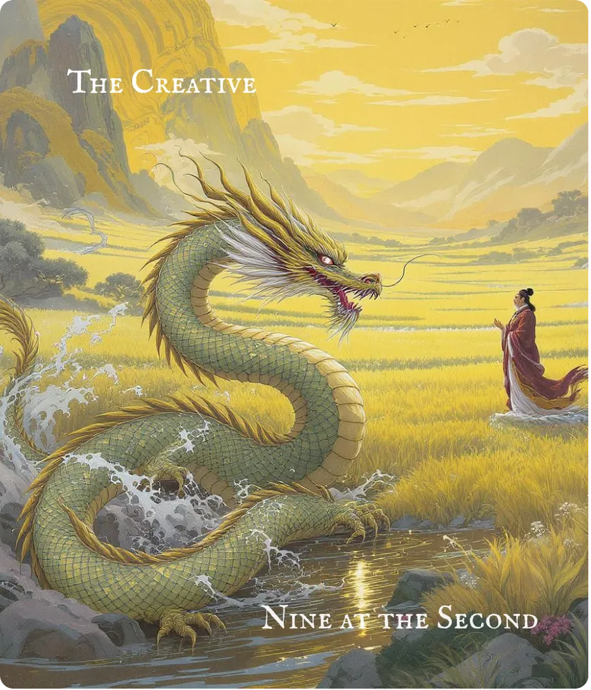 Hexagram 1 Nine in the Second — Dragon in the Field Card