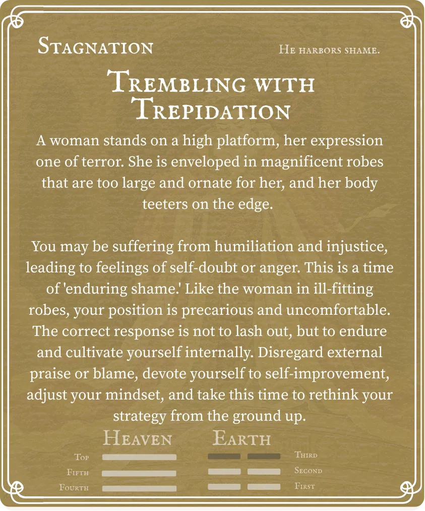 Hexagram 12 Standstill (Stagnation) — Six in the Third Card Back