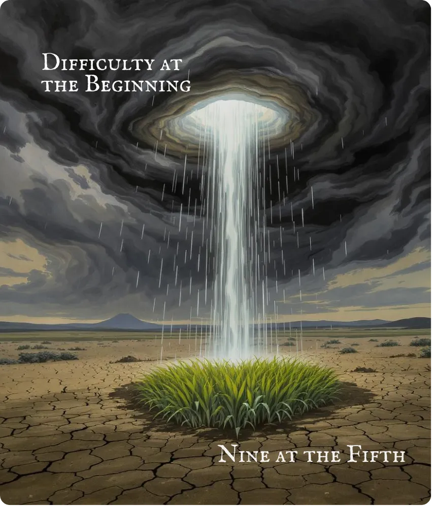 Hexagram 3 Nine in the Fifth — Difficulties in Blessing Card