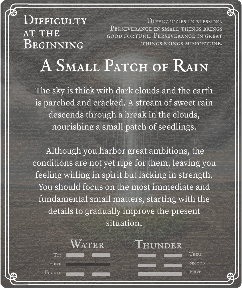 Hexagram 3 Difficulty at the Beginning — Nine in the Fifth Line Back