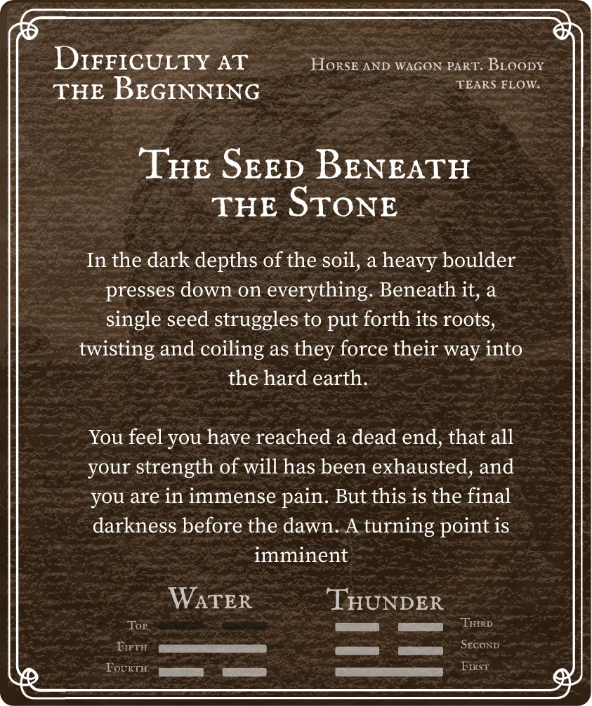 Hexagram 3 Difficulty at the Beginning — Six at the Top Line Back