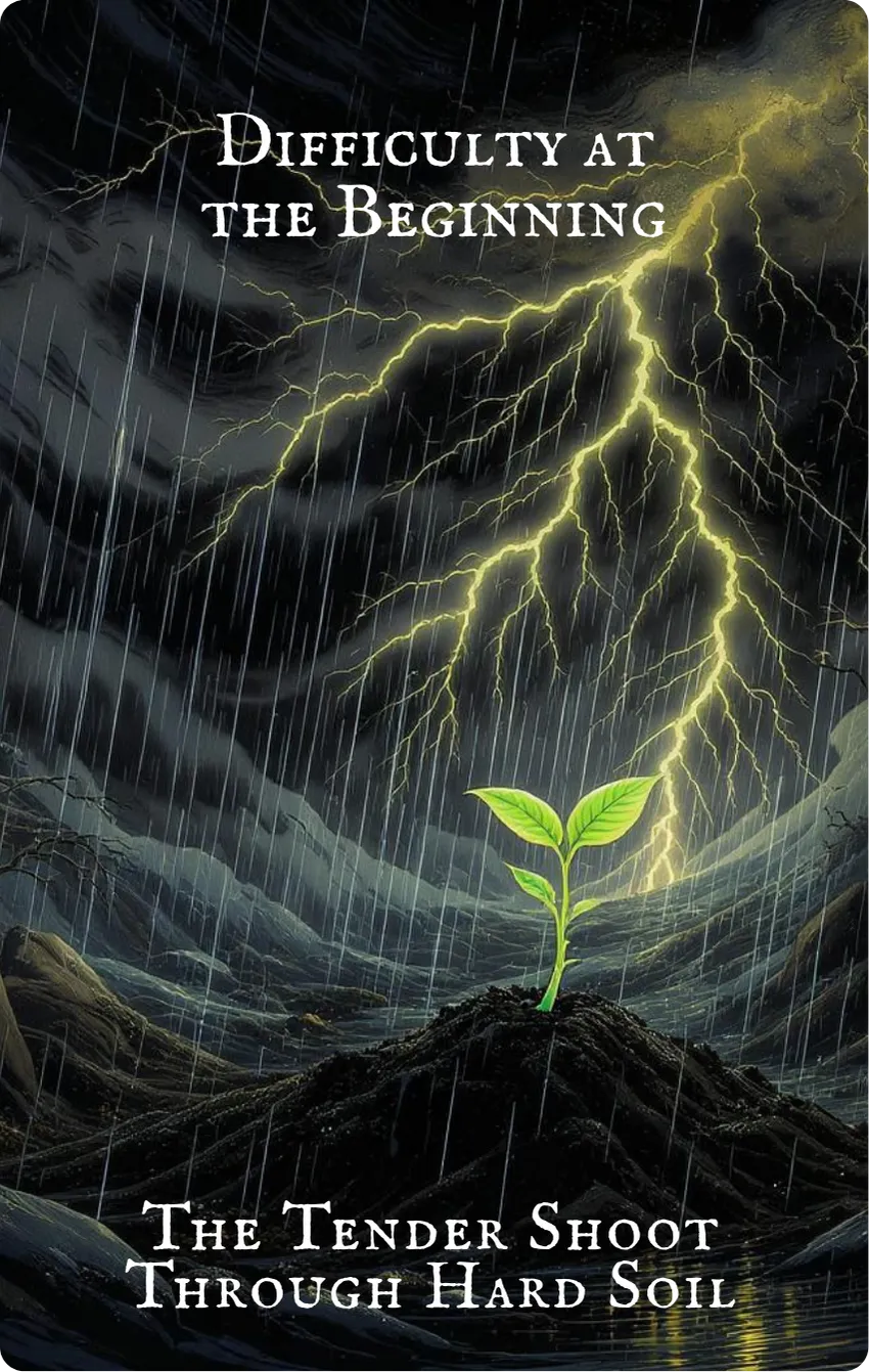 Hexagram 3 Difficulty at the Beginning — Card Front: The Sprouting Seed