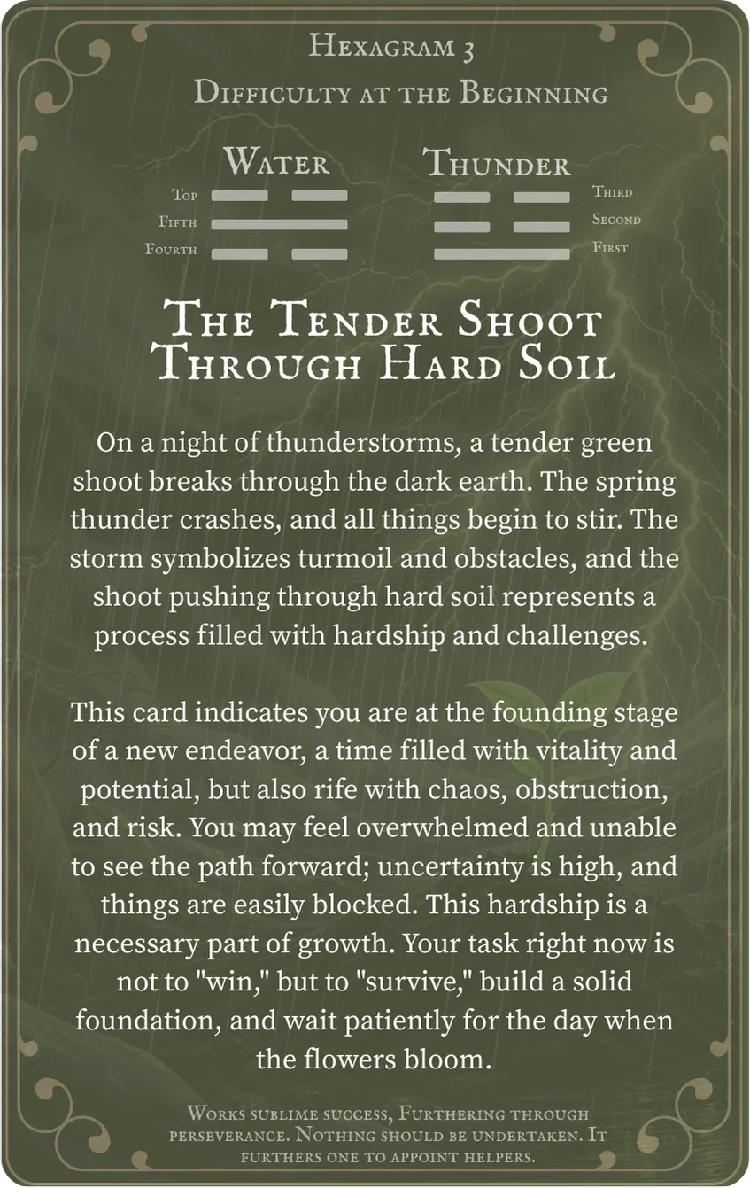 Hexagram 3 Difficulty at the Beginning — Card Back: Hexagram Meaning and Lines