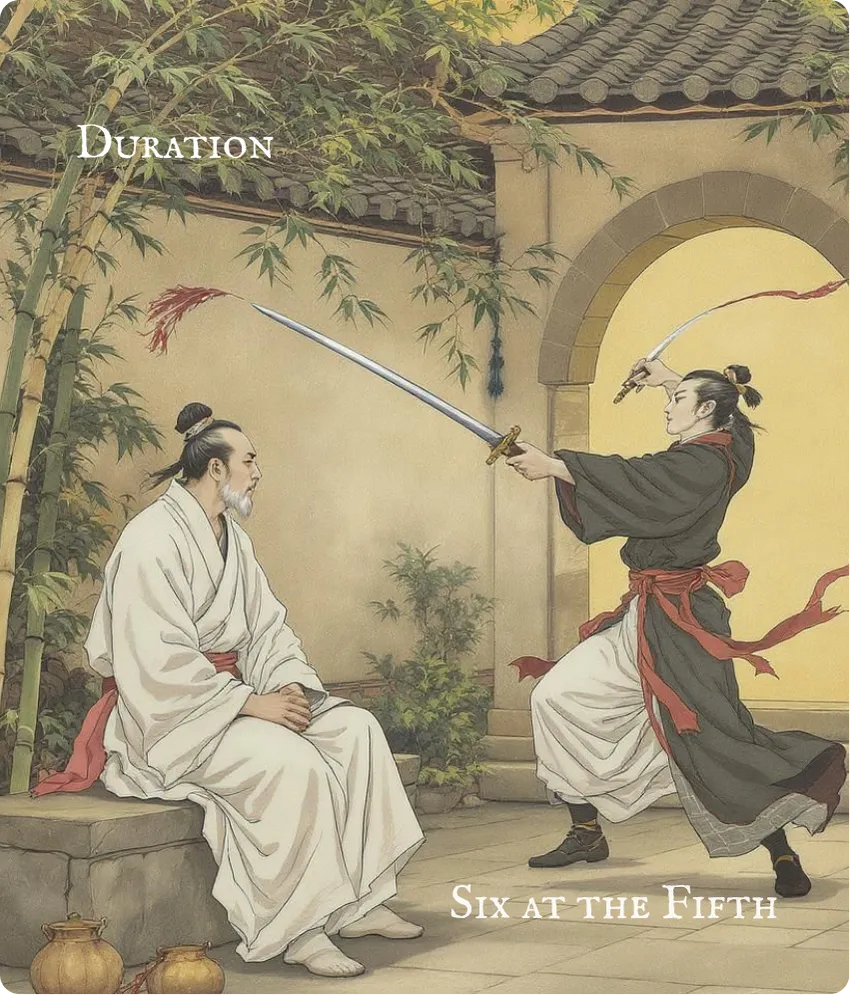 Hexagram 32 Six in the Fifth — Watching the Swordplay Card