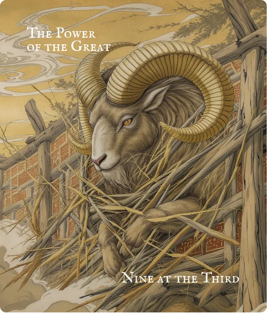 Hexagram 34 Nine in the Third — The Ram Caught in the Fence Card