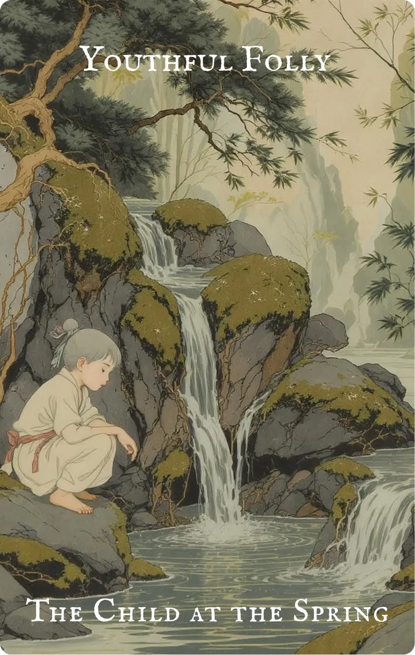 Hexagram 4 — Youthful Folly Card — Front: Enlightenment, The Child at the Mountain Spring