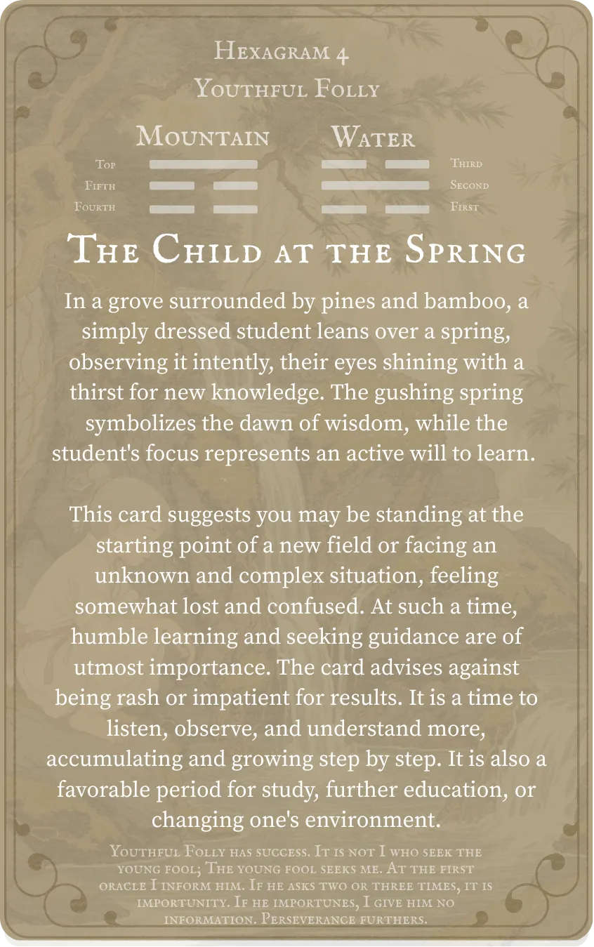 Hexagram 4 — Youthful Folly Card — Back: Hexagram 4 Mountain Water Meng