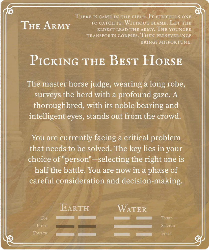 Hexagram 7 The Army — Six in the Fifth Card Back